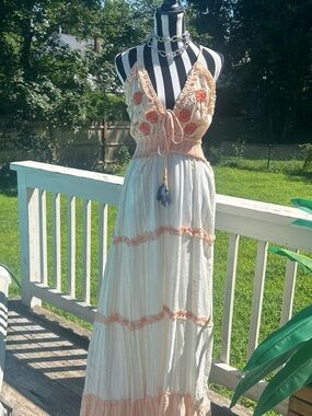 Moda D'Amare Women's S Pink White Gold Striped Smocked Embroidered Maxi Dress